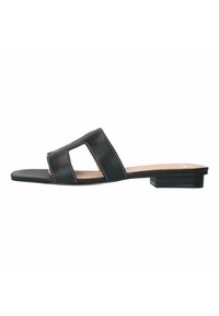 Black leather slide sandal with two overlapping straps featuring square cutouts, low block heel, and contrast stitching detail.