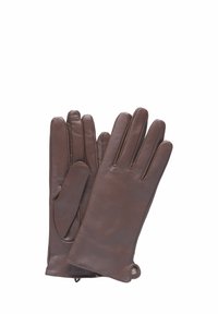 Braune Lederhandschuhe mit glatter Textur, ausgestattet mit einem Fünf-Finger-Design, leicht erhöhten Nähten und einem abgerundeten Bündchen für eine gute Passform.