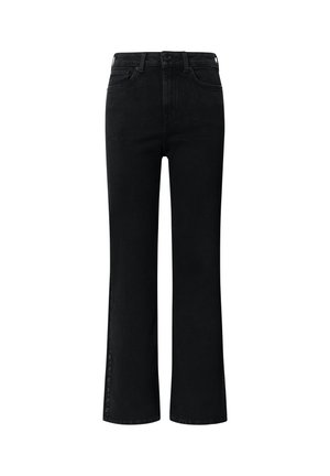 Schwarze, weit geschnittene Jeans aus Denim mit hoher Taille, ausgestattet mit einem Knopfverschluss und seitlichen Knopfakzenten entlang des Saums. Klassischer Five-Pocket-Stil.