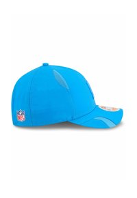 A blue baseball cap with a structured front, curved visor, mesh side panels, and an NFL logo on the side. Features a fitted design.