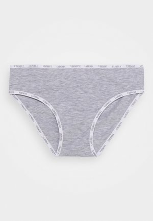 Boxer cinza em algodão com uma cintura elástica branca com o texto repetido "LA PERLA". Textura suave e ajuste clássico com aberturas de perna curved.
