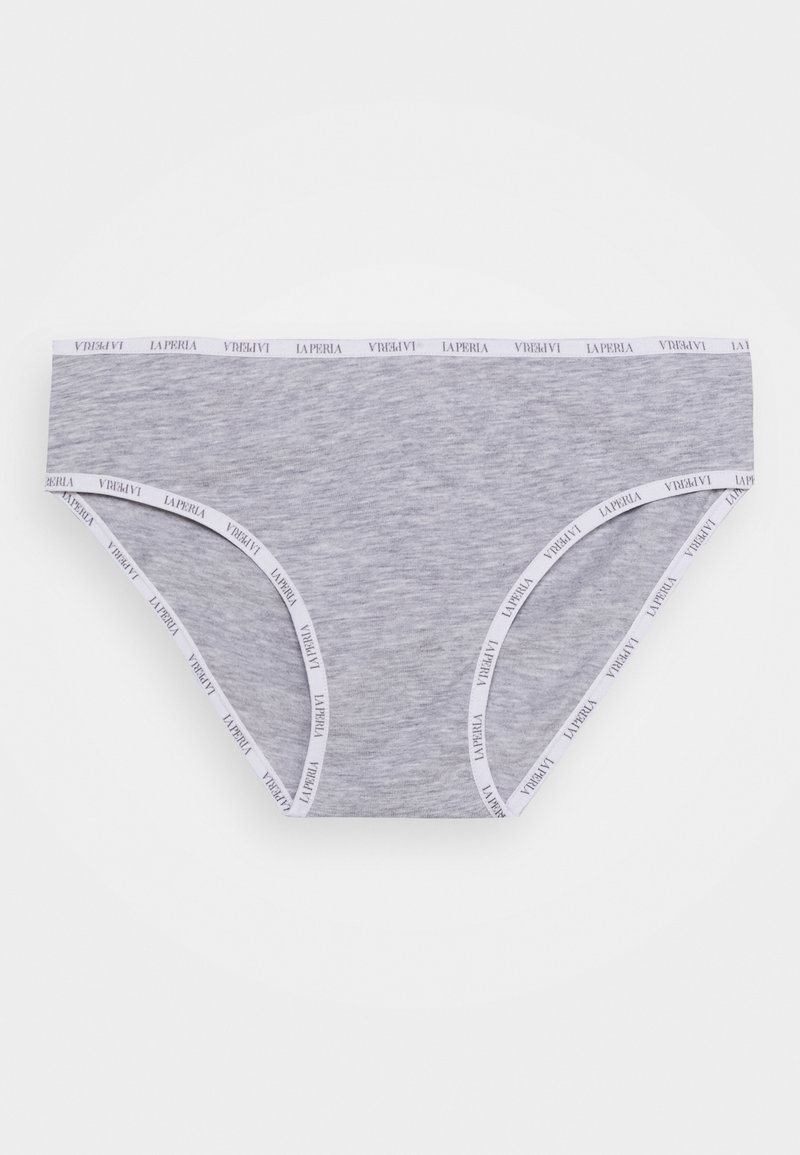 Boxer cinza em algodão com uma cintura elástica branca com o texto repetido "LA PERLA". Textura suave e ajuste clássico com aberturas de perna curved.