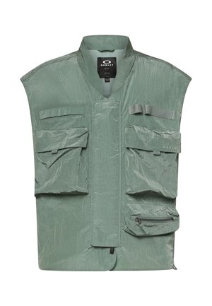 Lysegrøn Oakley vest med flere klap- og lynlåslommer, høj krave og tekstureret stof.