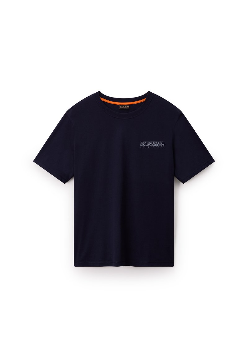 Marineblå bomuld t-shirt med rund hals, korte ærmer og logo-print på venstre bryst. Glat tekstur og standard pasform.