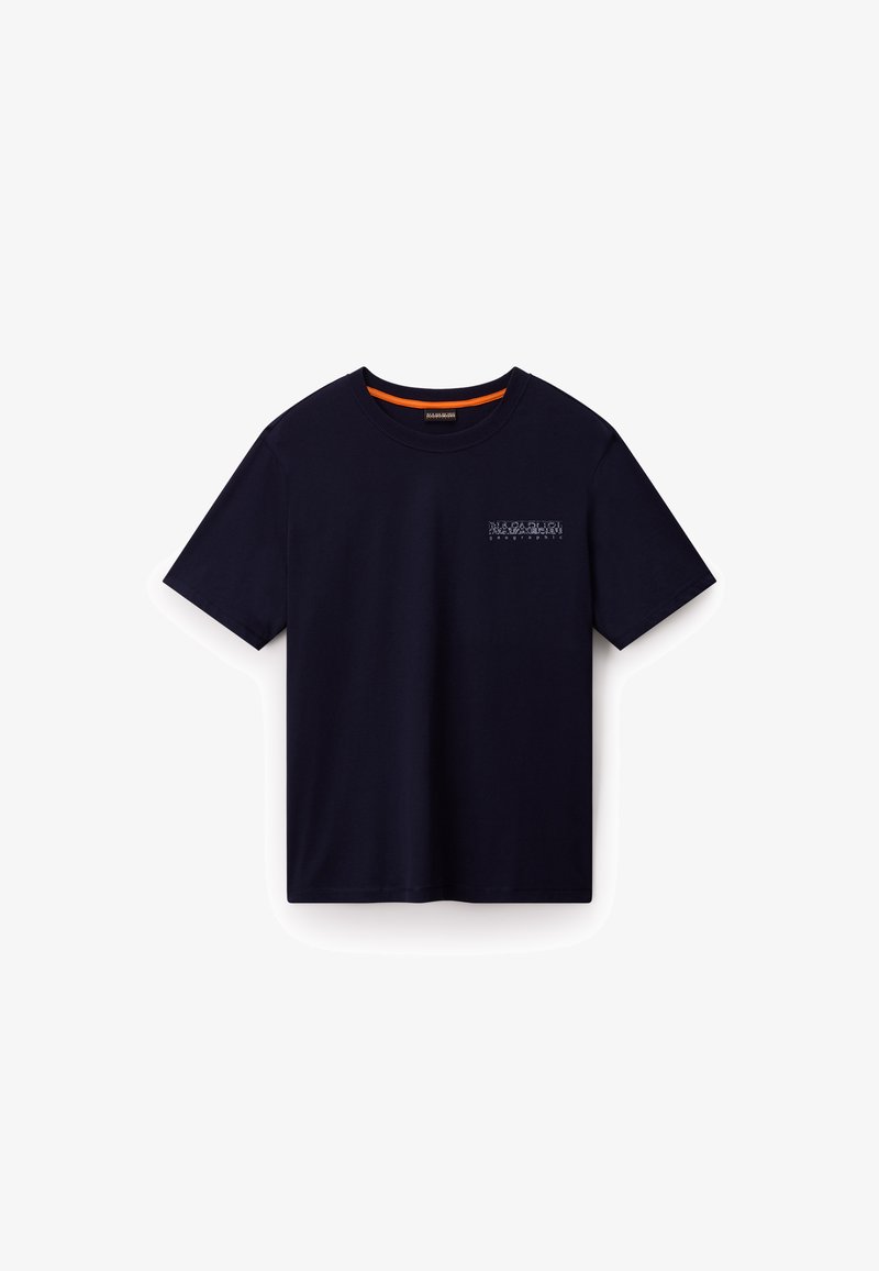 Marineblå bomuld t-shirt med rund hals, korte ærmer og logo-print på venstre bryst. Glat tekstur og standard pasform.