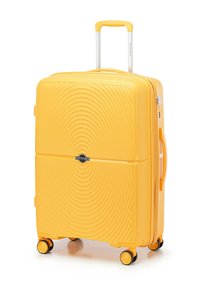 Valigia rigida gialla con design a motivo onde, dotata di manico telescopico, quattro ruote e chiusura con zip. Logo del marchio presente.