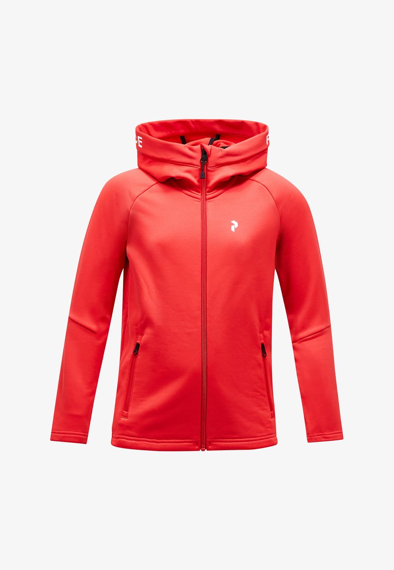 Felpa rossa con zip realizzata in un tessuto liscio. Presenta un collare alto, due tasche laterali e un piccolo logo bianco in alto a sinistra.