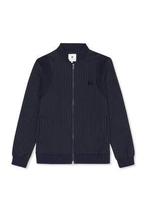 Granatowa bluza zapinana na zamek z cienkimi białymi pionowymi prążkami, ściągaczami na mankietach i dole oraz małą naszywką z logo na klatce piersiowej.