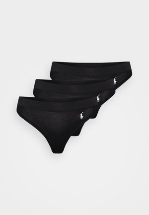 Black cotton thong panties, featuring a smooth texture, elastic waistband, and a small white logo on the left side of each pair. Set of three.