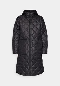 Black quilted long coat with a hood, featuring a front zipper and two side pockets. Made of a lightweight, shiny fabric with a textured pattern.