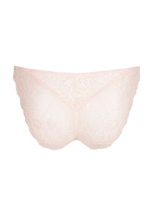 Lace panties in light pink with floral patterns, featuring a semi-sheer texture and scalloped edges for added detail.