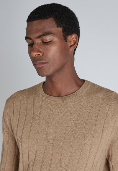 Beige Kabelstrickpullover mit rundem Ausschnitt und gerippten Bündchen. Die Textur weist erhabene Muster auf der Stoffoberfläche auf.