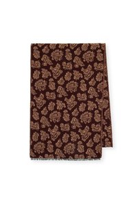 Coperta marrone con motivo paisley, caratterizzata da una texture morbida e un bordo frangiato lungo un lato. Motivi paisley di una tonalità più chiara.