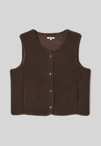 Gilet en polaire marron avec un col arrondi, des boutons à l'avant et sans manches, offrant une texture douce et une coupe légèrement décontractée.