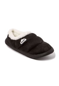Zapatilla negra con forro de felpa blanca, diseño acolchado y suela de goma. Presenta un parche con el logo en el costado. Textura de tela suave.