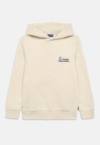 Κρεμ φούτερ με κουκούλα από απαλό ύφασμα, με μπροστινή τσέπη, ριμπ μανσέτες και εκτύπωση λογότυπου στο αριστερό στήθος.