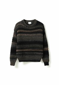 Pletený sveter s okrúhlym výstrihom, v tmavosivej a hnedej farbe, s textúrovaným vzorom a rebrovanými manžetami a lemom. Trochu voľný strih.