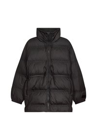 Zwarte pufferjack met een hoge kraag, elastische manchetten en een trekkoord in de taille. Voorzien van een gequiltde structuur en een ritssluiting aan de voorkant.
