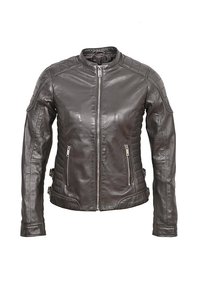 Giubbotto di pelle marrone scuro con zip frontale, dettagli trapuntati sulle spalle, due tasche con zip e dettagli con fibbie laterali. Texture liscia.