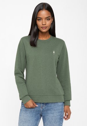 Grüner Sweatshirt aus weichem Stoff, mit Rundhalsausschnitt und langen Ärmeln, sowie einem kleinen gestickten Baumdesign auf der Brust.