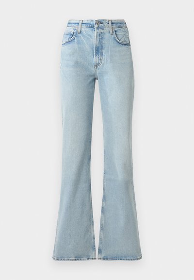 Light blue denim flared jeans with a high waist, featuring front pockets, a button closure, and a slightly distressed texture.