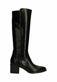 Black leather knee-high boot with a square toe, block heel, and smooth texture. Features a seam detail along the shaft and a rounded top.