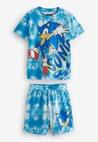 Blauwe tie-dye katoenen pyjama set met een Sonic karakterafbeelding op het t-shirt en de shorts, met een elastische tailleband op de shorts.