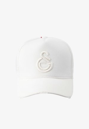 Cappellino da baseball bianco con logo ricamato color crema. Tessuto liscio, corona strutturata e visiera curva. Dettaglio di cuciture sottili sulla visiera.