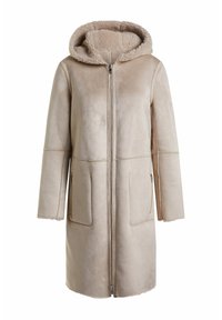 Lyst beige knælang frakke med fuld frontlynlås, to lynlåslommer, lange ærmer og hætte foret med blødt fleece.