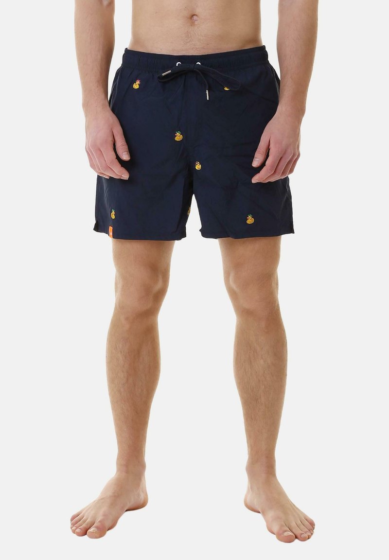 Pantaloni da bagno blu navy con vita regolabile, decorati con piccoli motivi di ananas e anatra. Materiale leggero, lunghezza a metà coscia e texture liscia.