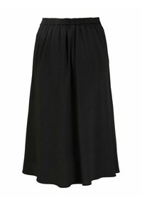 Jupe midi noire en tissu doux, dotée d'une taille élastique et d'une silhouette fluide avec une coupe légèrement évasée.