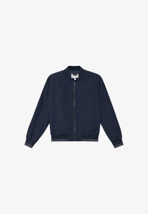 Veste bomber bleu marine avec fermeture éclair devant, col, poignets et ourlet côtelés avec un détail de bande blanche.