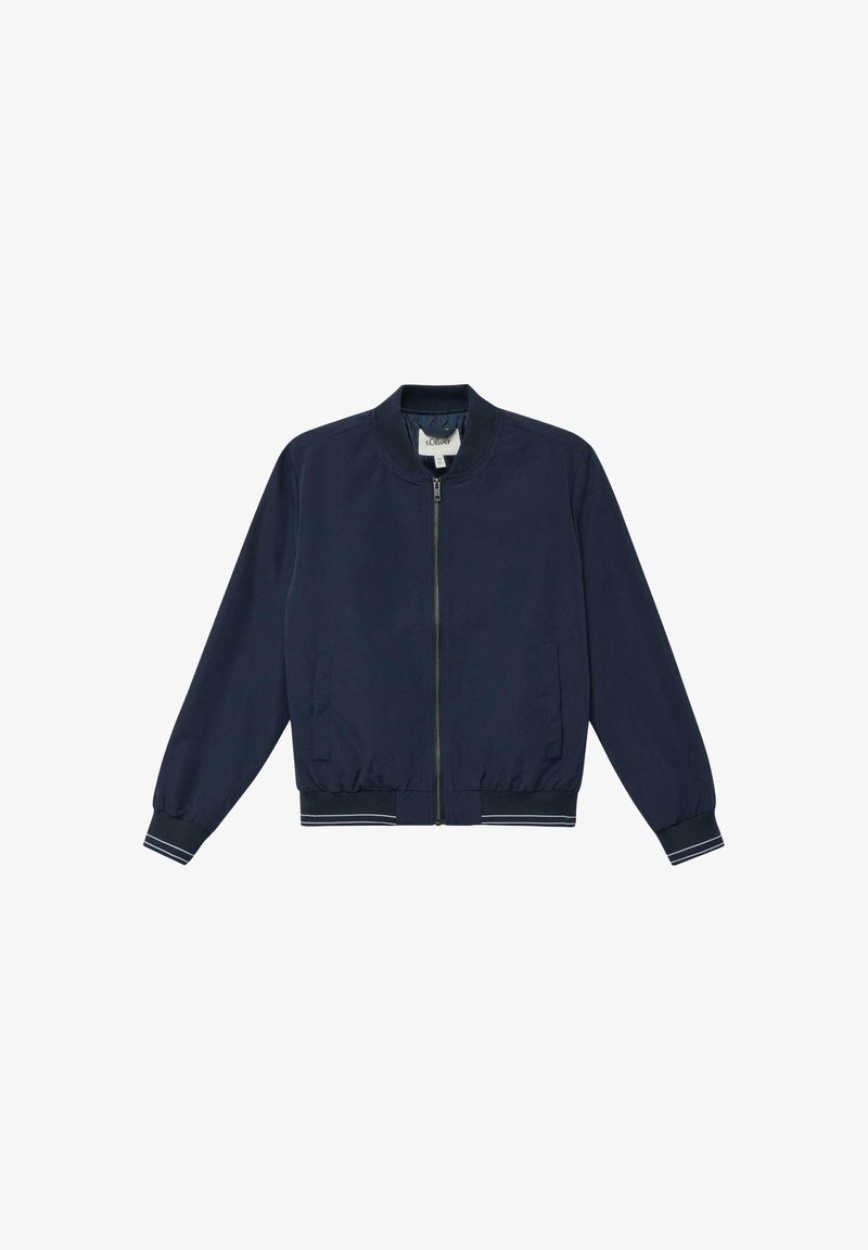 Marineblaue Bomberjacke mit Frontreißverschluss, geripptem Kragen, Bündchen und Saum, die weiße Streifendetails aufweisen.