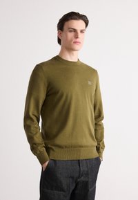 Oliwkowy sweter dzianinowy z długimi rękawami i okrągłym dekoltem; posiada małą kwadratową łatkę z logo na piersi, gładka tekstura.
