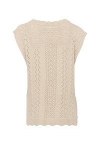 Pull en tricot beige avec un motif de diamant texturé, des manches courtes et un ourlet festonné. Tissu léger et respirant.