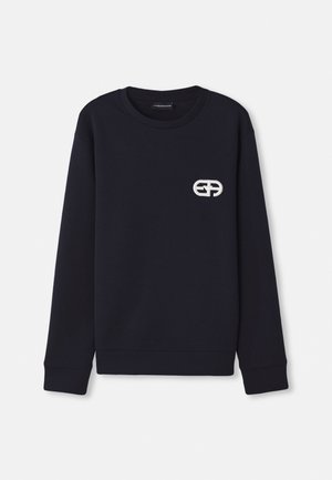 Navy blue sweatshirt made of cotton blend, featuring a round neck, ribbed cuffs and hem, with a white embroidered logo on the chest.