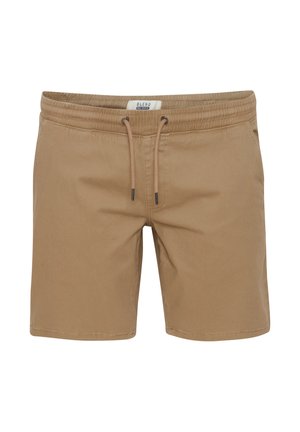 Tan swim shorts made of lightweight fabric, featuring an elastic waistband with drawstring, and a simple, smooth texture.