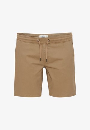 Beige kopalne hlače iz lahkega blaga, z elastičnim pasom in vrvico za prilagajanje ter preprosto, gladko teksturo.