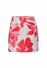 Gonna mini floreale con grandi motivi di fiori rosa e rossi su sfondo bianco, con un design arricciato in vita.