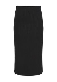 Jupe midi en tricot noir à côtes avec une taille élastique, présentant une coupe droite et une texture lisse. Pas de motifs ou d'ornements visibles.