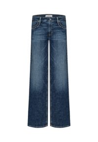 Weite blaue Jeans aus Denim, mit einer ausgeblichenen Waschung und dekorativen Nieten entlang der Taschen und Seitennaht. Klassisches Fünf-Taschen-Design.