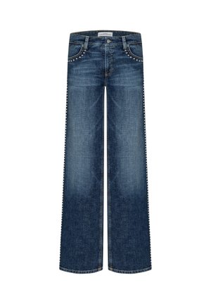 Wijdvallende blauwe spijkerbroek van denim, met een vervaagde was en decoratieve studs langs de zakken en zijkanten. Klassiek vijf-zakken ontwerp.