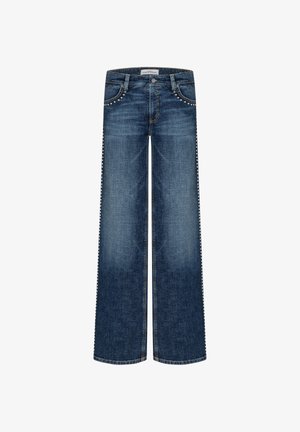 Weite blaue Jeans aus Denim, mit einer ausgeblichenen Waschung und dekorativen Nieten entlang der Taschen und Seitennaht. Klassisches Fünf-Taschen-Design.