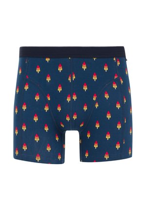 Boxer briefs blu navy con motivo di ghiaccioli in rosso e giallo. Presentano un cinturino elastico nero e un design aderente e comodo.