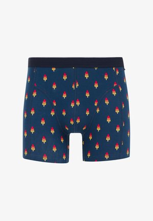 Marineblauwe boxershorts met een ijslollypatroon in rood en geel. Voorzien van een zwart elastische tailleband en een comfortabele, nauwsluitende pasvorm.
