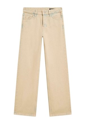 Beige wijde denim jeans met een hoge taille, vijf zakken en subtiele stikdetails. Zachte textuur met een lichte vervaging.