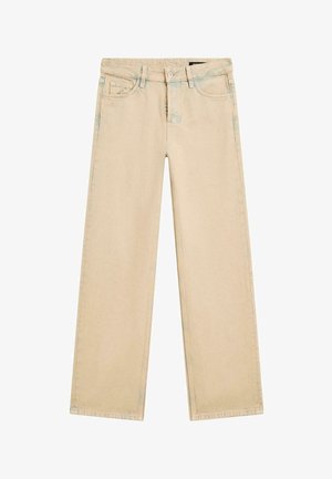 Beige wijde denim jeans met een hoge taille, vijf zakken en subtiele stikdetails. Zachte textuur met een lichte vervaging.