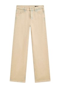 Jeans in denim beige a gamba larga con vita alta, cinque tasche e dettagli di cucitura sottili. Texture morbida con un leggero effetto sbiadito.