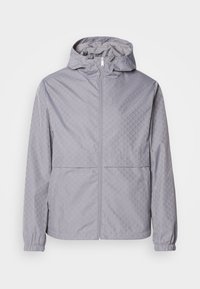 Veste à capuche gris clair avec un motif géométrique subtil, fermeture éclair avant et poignets élastiques aux manches longues.