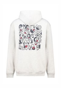 Light gray hoodie featuring a colorful graphic design of abstract faces and shapes on the back. Made from soft, textured fabric.